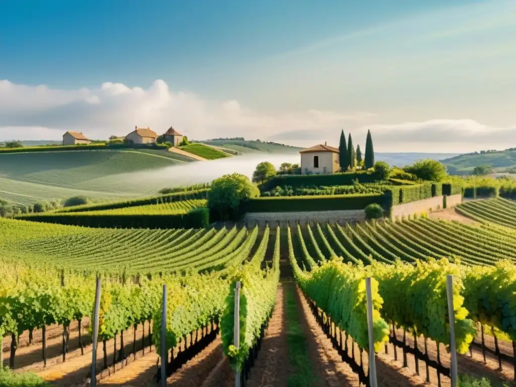 Una vista detallada de un viñedo exuberante en la campiña francesa con uvas blancas brillantes al sol y una bodega rústica francesa al fondo