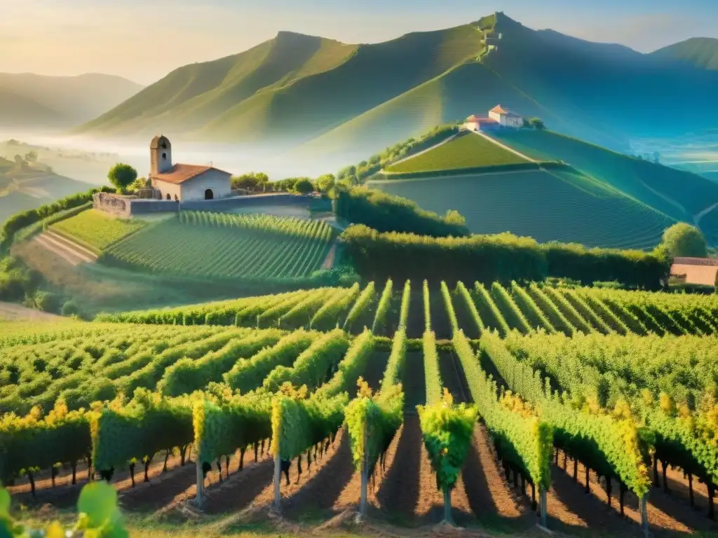 Vista detallada de un viñedo exuberante bañado por el sol en la campiña francesa, con terruño y campesinos cosechando uvas