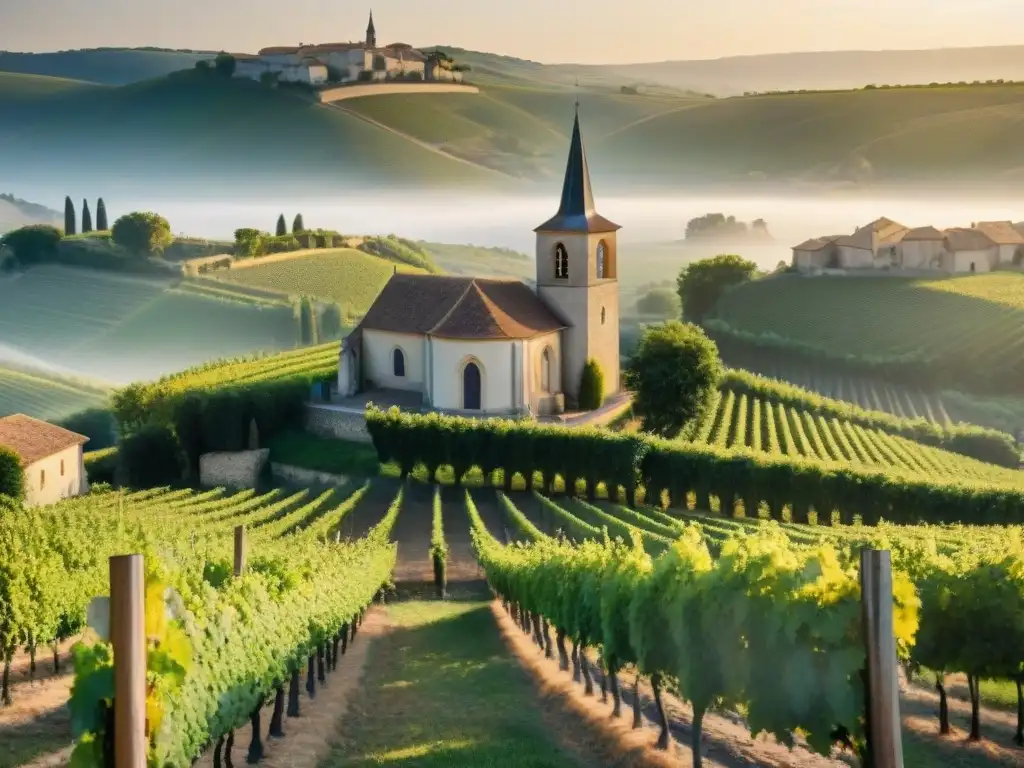 Vista detallada de viñedo francés con iglesia medieval al atardecer