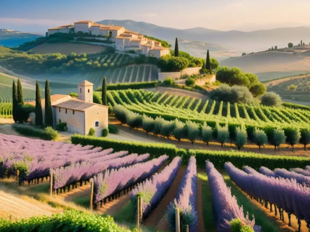 Vista detallada de un viñedo pintoresco en Provenza con uvas rosadas, campos de lavanda y colinas