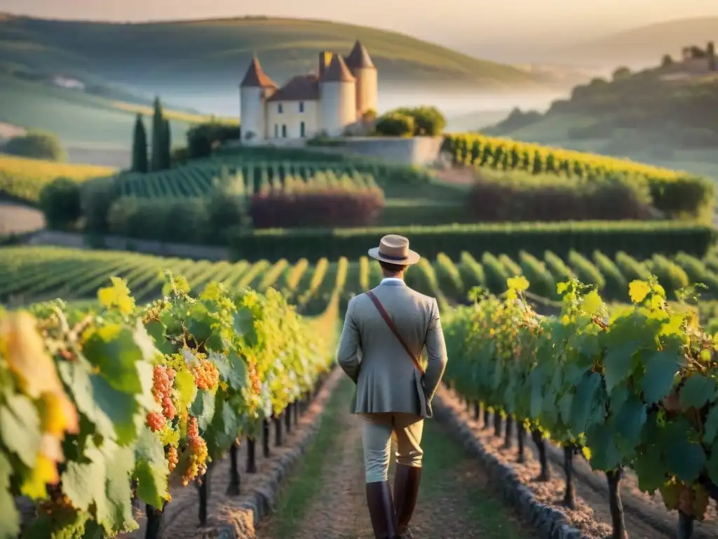 Vista detallada de un viñedo sereno al atardecer en la campiña francesa, con un sommelier inspeccionando uvas maduras