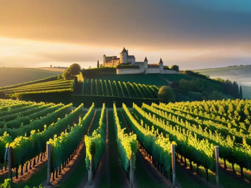 Vista detallada de viñedo francés al amanecer con vides bañadas en luz dorada, mostrando château histórico