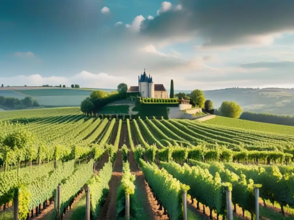 Vista detallada de un viñedo en Francia, donde las vides verdes contrastan con la tierra oscura, bajo la influencia de la geografía francesa