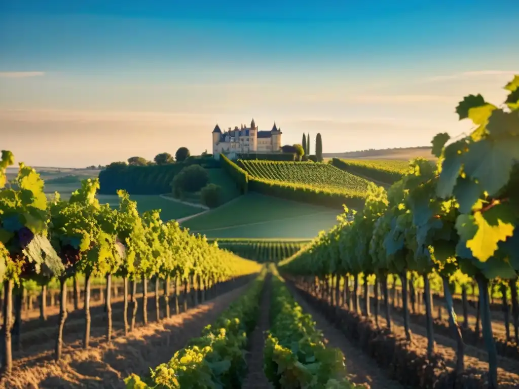 Vista detallada de viñedos bañados por la luz dorada en Champagne, Francia