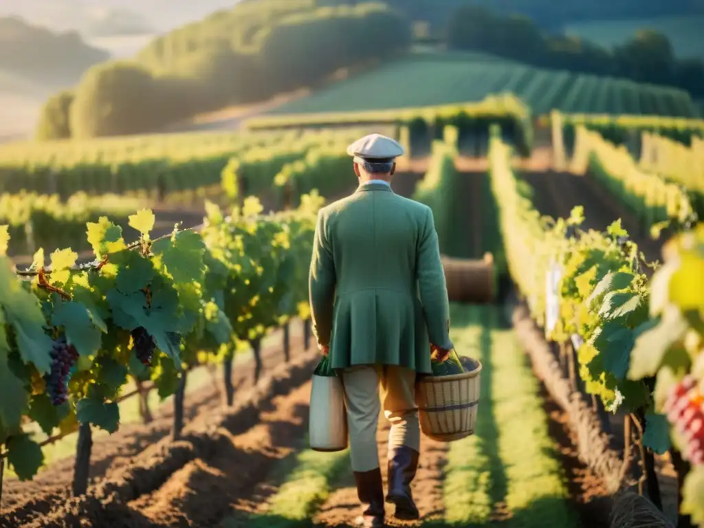 Vista documental de viñedo francés al amanecer con prácticas agrícolas sostenibles vino francés