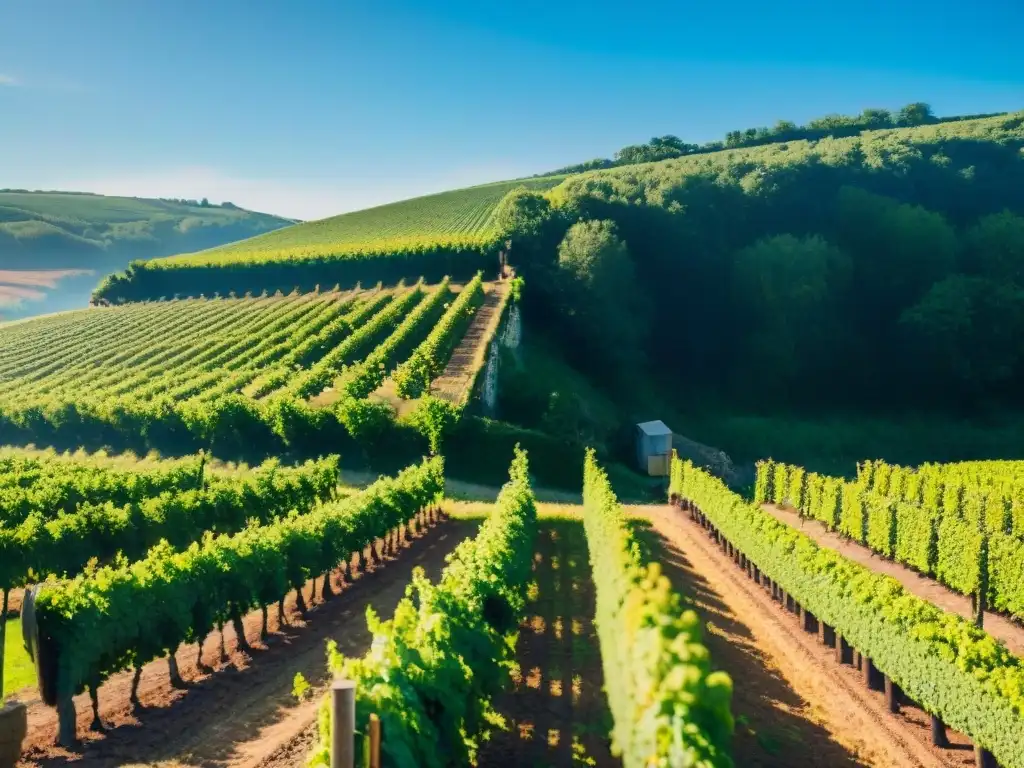 Vista documental de viñedos en el campo francés con prácticas agrícolas sostenibles