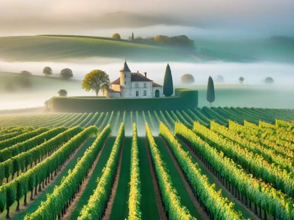 Vista embrujadora del paisaje del Cognac francés: viñedos verdes, chateau centenario y neblina evocadora