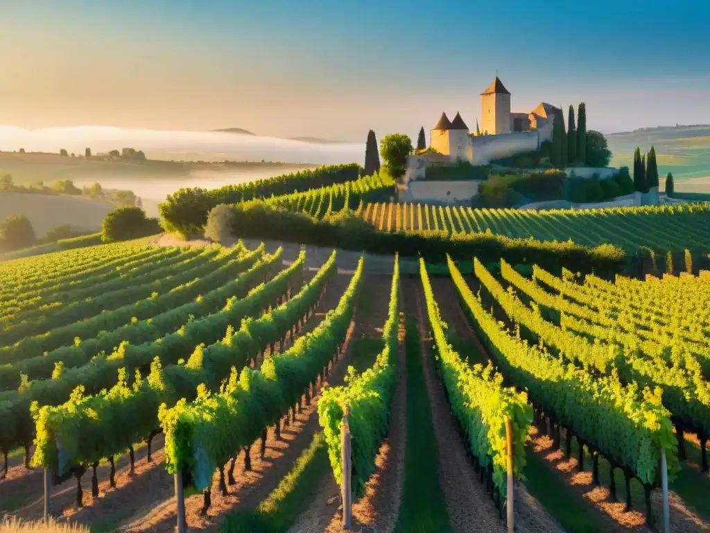 Vista majestuosa de viñedos al amanecer en ChâteauneufduPape, con el sol dorado iluminando las vides verdes