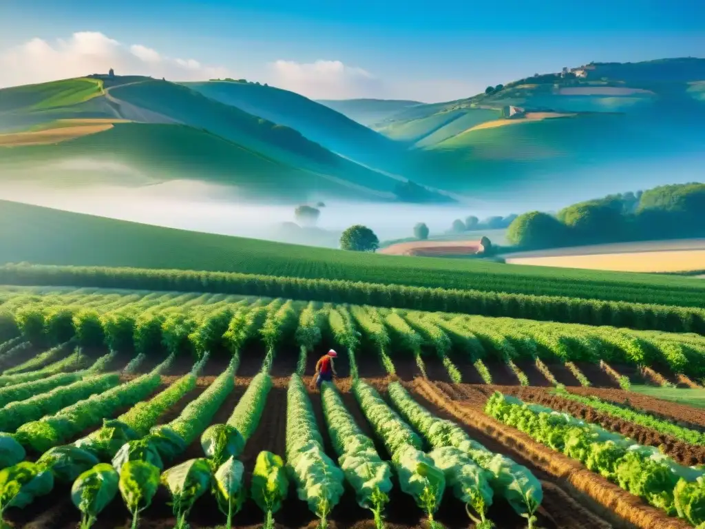 Vista de un paisaje rural francés con prácticas agrícolas sostenibles en Francia