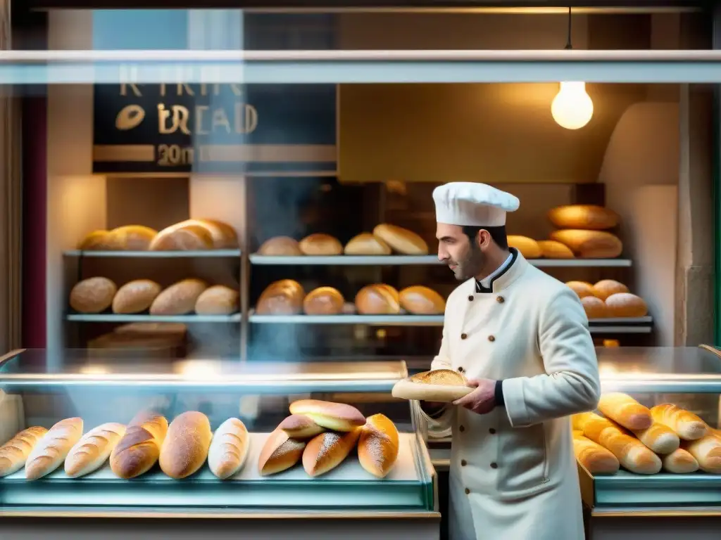 Vista de una panadería parisina al amanecer con clientes admirando el pan recién horneado