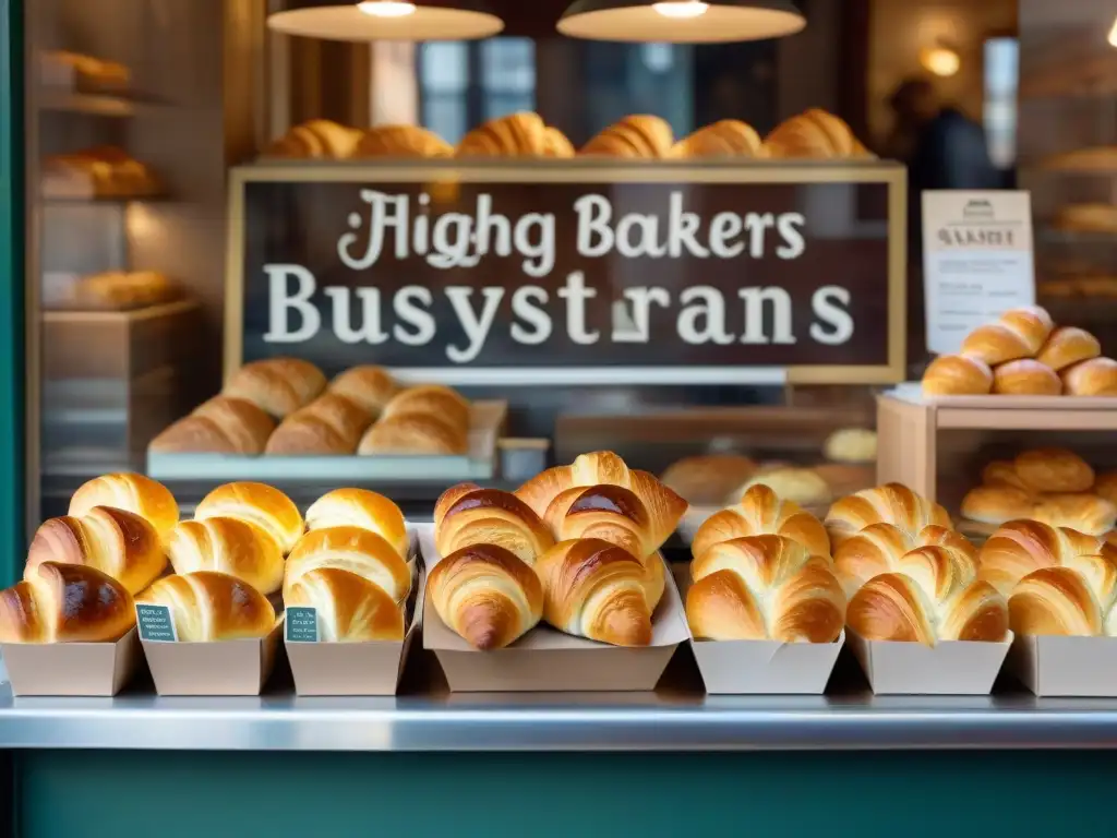 Vista de una panadería parisina con los mejores croissants auténticos, iluminados por la suave luz de la mañana y clientes seleccionando sus pasteles