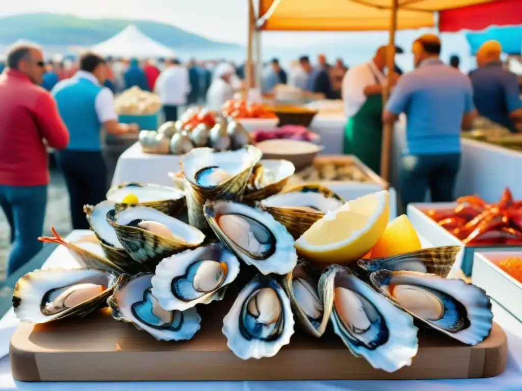 Mercado del Marisco en Bretaña: Sabores del Mar en Francia Vista panorámica del bullicioso mercado marítimo en el Festival Marisco de Bretaña, Francia