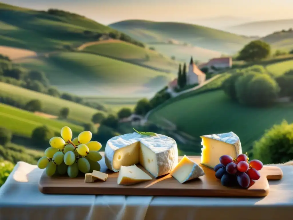 Vista panorámica de la campiña francesa con tabla de quesos y vino tinto, inspirando la Ruta del queso en Francia