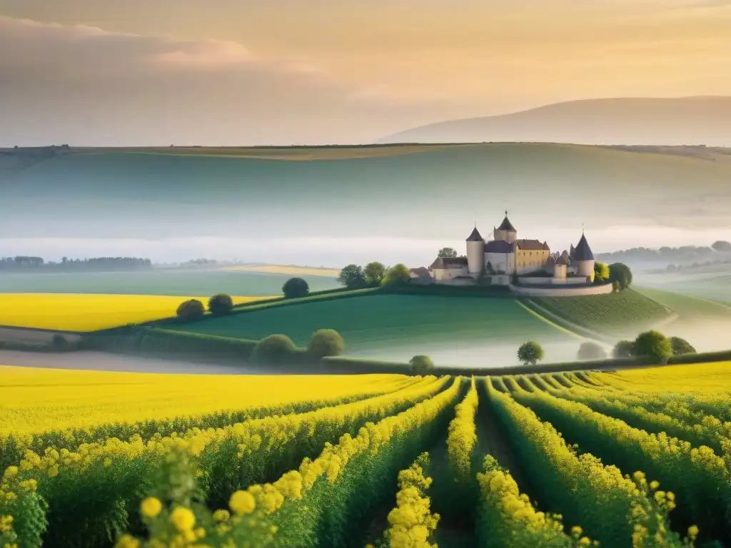 Vista panorámica de los campos de mostaza florecida en la región de Dijon, Francia, con historia mostaza dijon gastronomía francesa