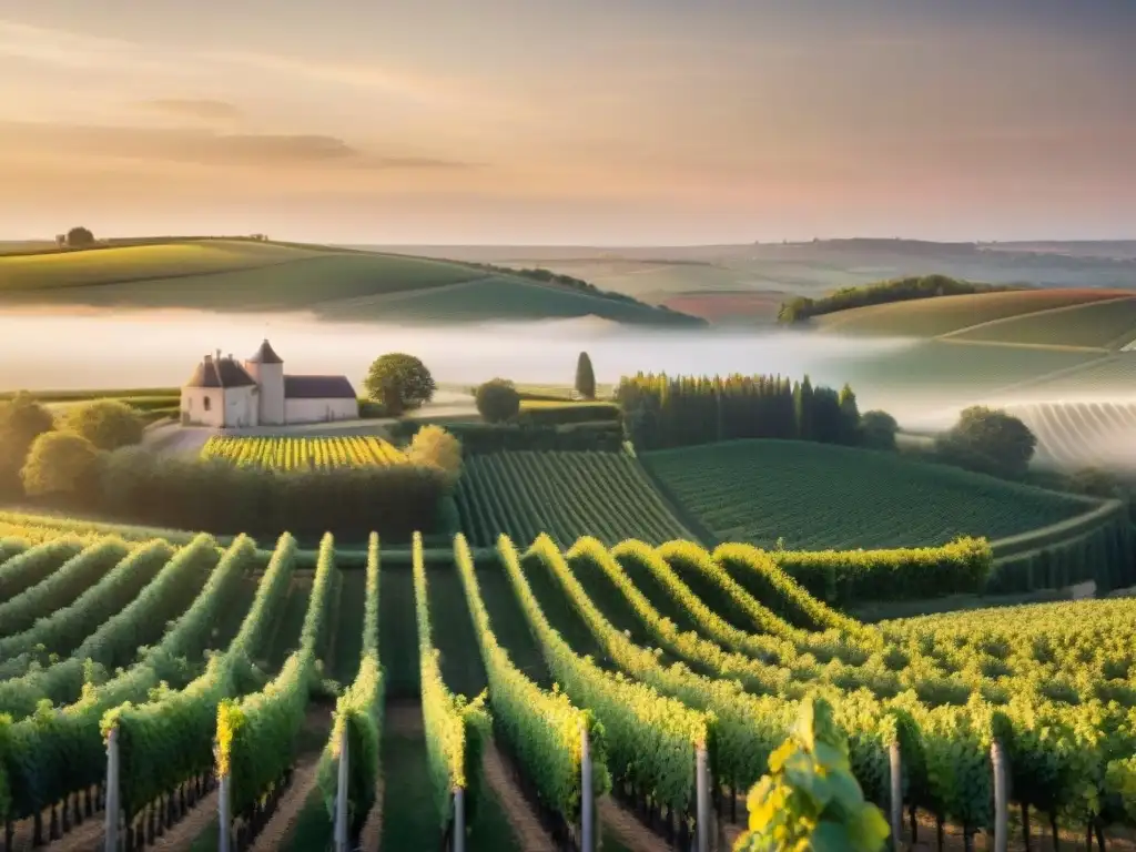 Vista panorámica de la región Champagne al atardecer, fusionando historia y modernidad en la producción de vino espumoso