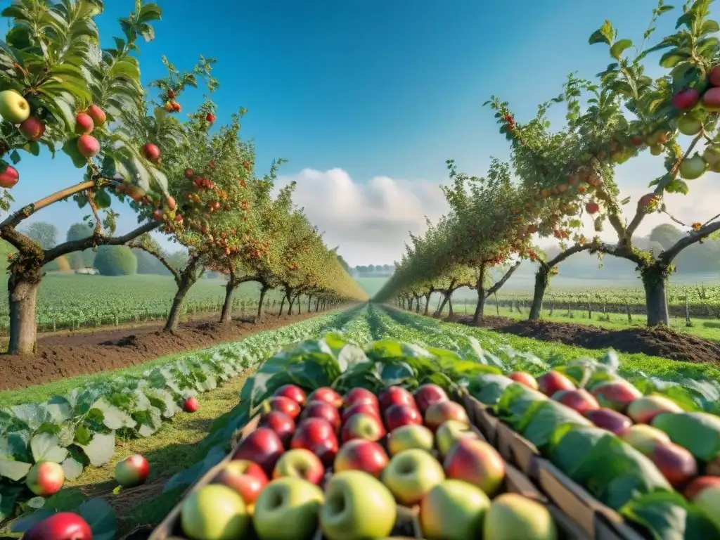 Una vista panorámica de interminables huertos de manzanas verdes bajo el cielo azul de Normandía, con trabajadores agrícolas al fondo