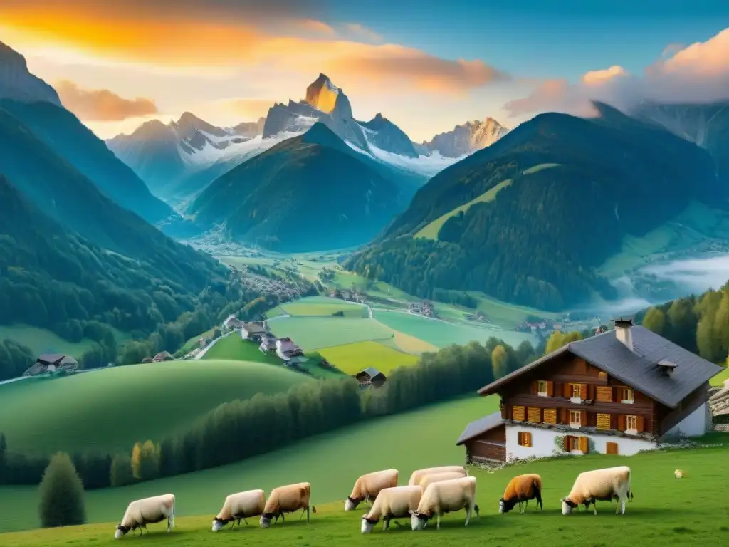 Vista panorámica de los majestuosos Alpes franceses con un encantador pueblo alpino y una quesería artesanal