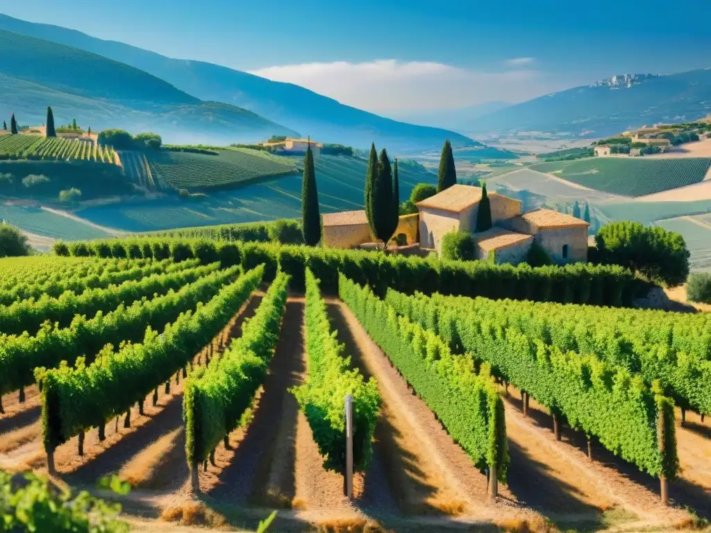 Vista panorámica de la Ruta del Rosé en Provenza: viñedos ordenados bajo el sol dorado, trabajadores cuidando las uvas