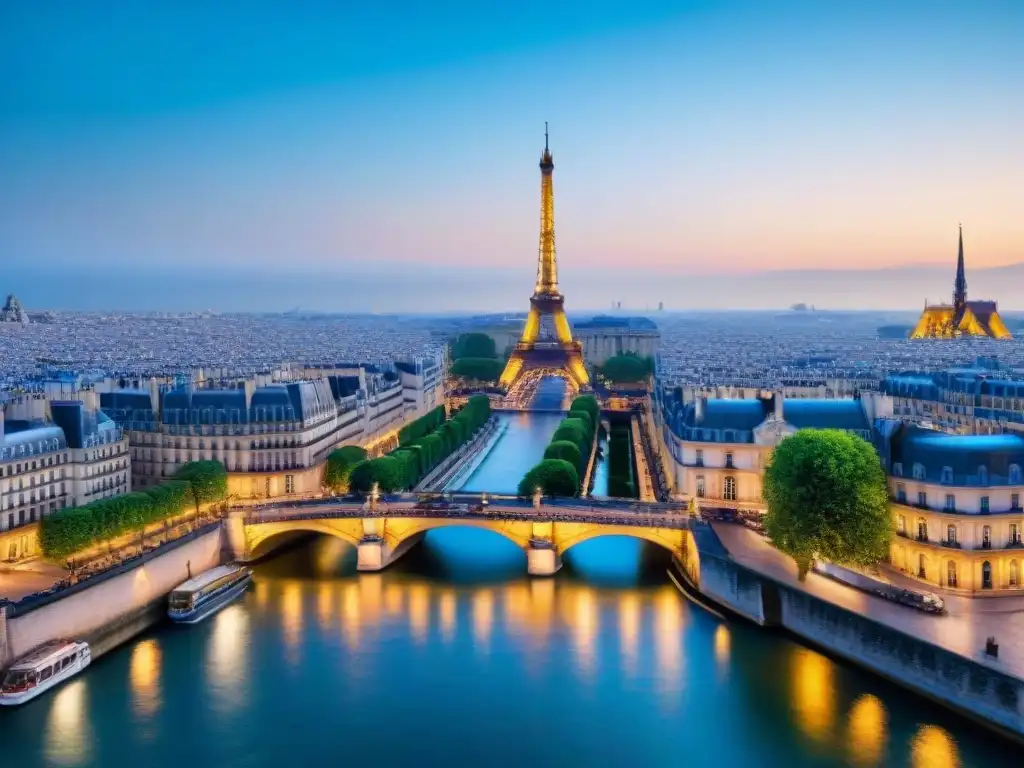 Vista panorámica del río Sena al anochecer en París, con la Torre Eiffel, la Catedral de Notre Dame y el Museo del Louvre iluminados