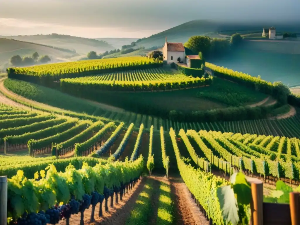 Vista panorámica de un viñedo en la campiña francesa durante la cosecha