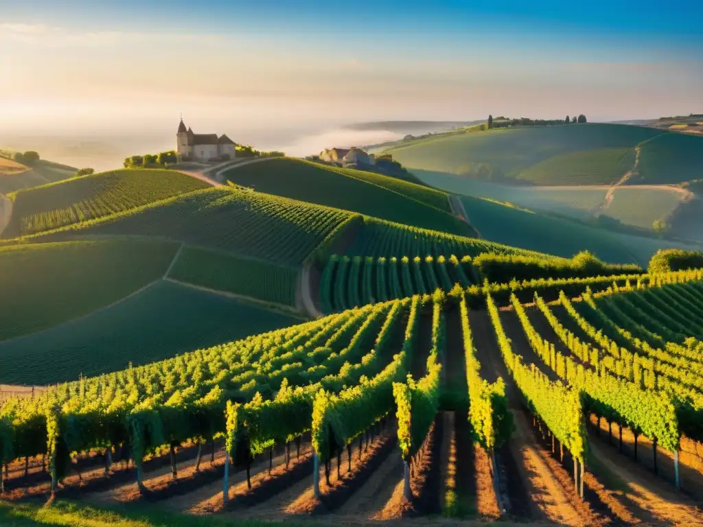 Vista panorámica de viñedo en la campiña francesa al amanecer, evocando la evolución histórica de vinos blancos franceses