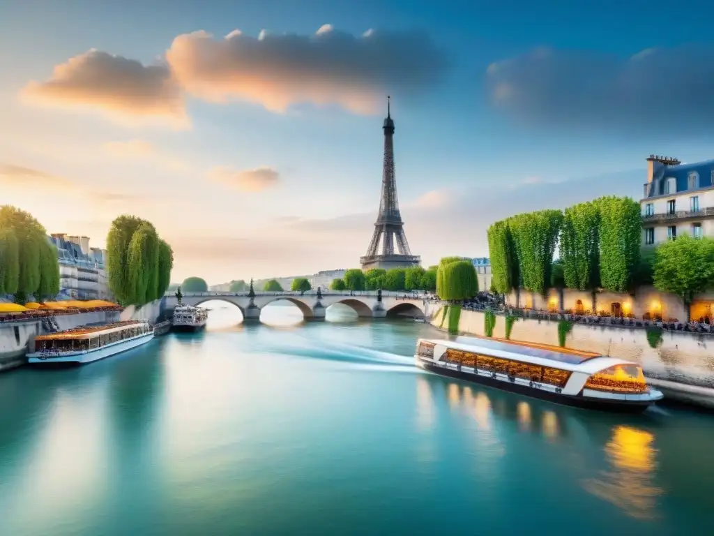 Pintoresco atardecer en el río Sena, con la Torre Eiffel al fondo Vista pintoresca del río Sena en Francia con restaurantes tradicionales y la icónica Torre Eiffel al atardecer