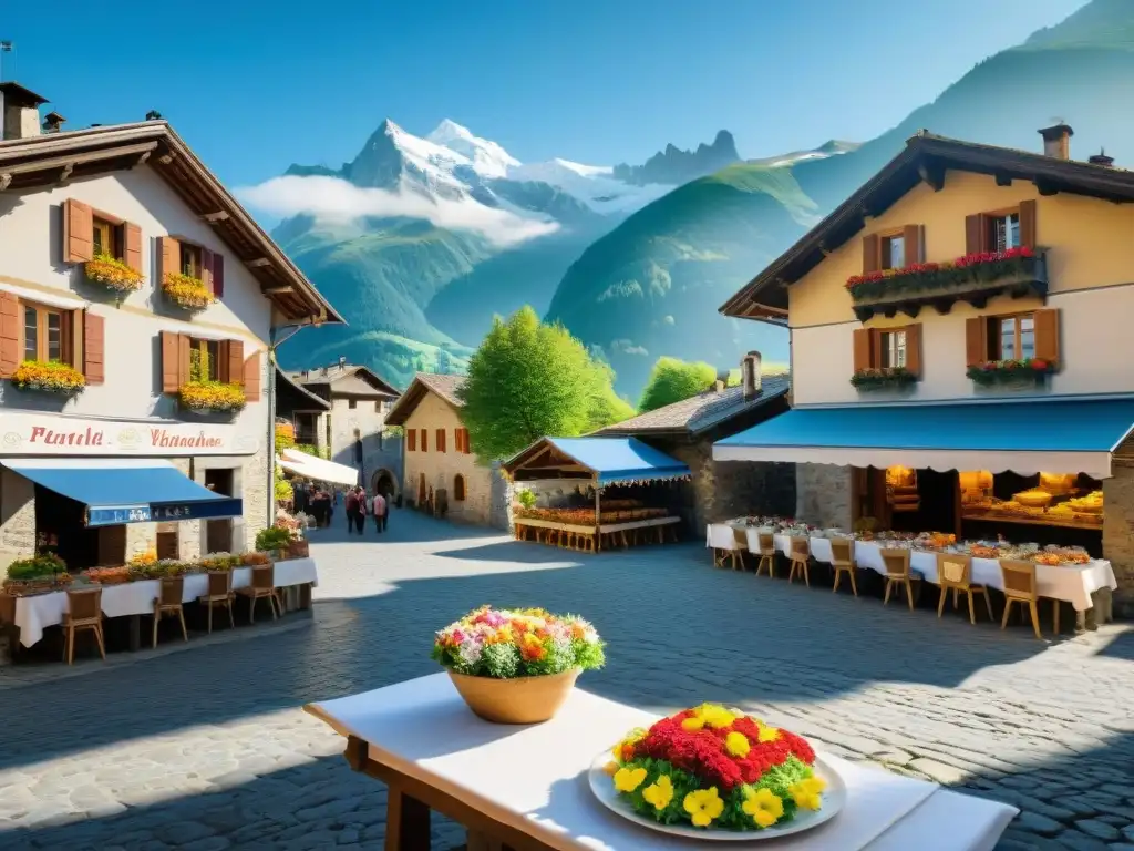 Vista de un pueblo alpino en Valle d'Aosta con influencia culinaria francesa, calles empedradas y montañas nevadas al fondo