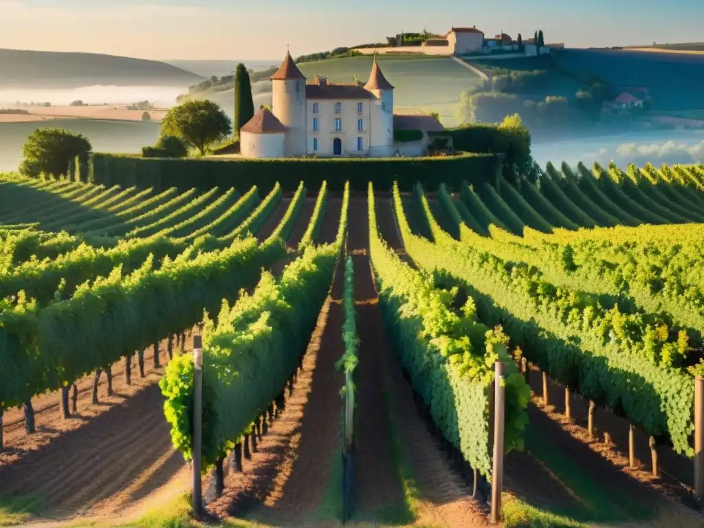 Vista serena de viñedo en la campiña francesa al atardecer, con uvas maduras bajo el cálido sol, château histórico al fondo