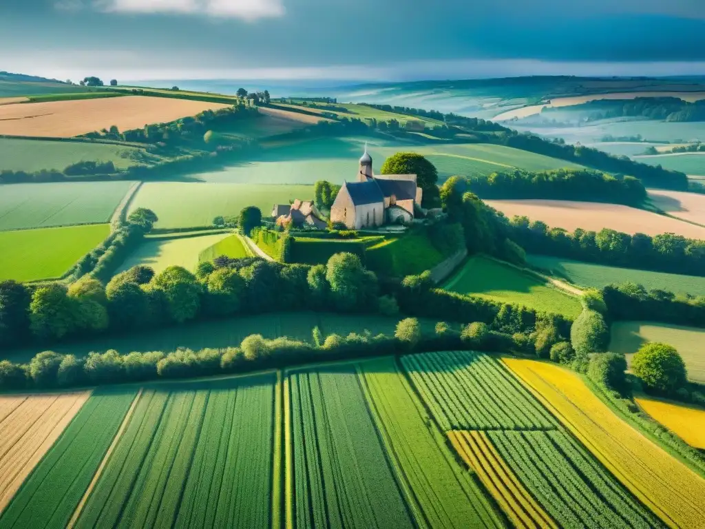 Vista aérea vibrante de campos verdes en Normandía y Bretaña con granjas orgánicas, pueblos pintorescos y molinos de viento