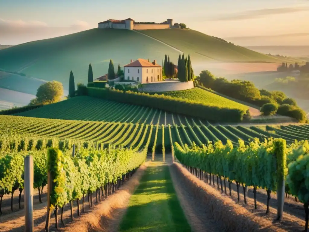 Vista de un viñedo francés al atardecer con filas de viñas verdes, bañado por luz dorada