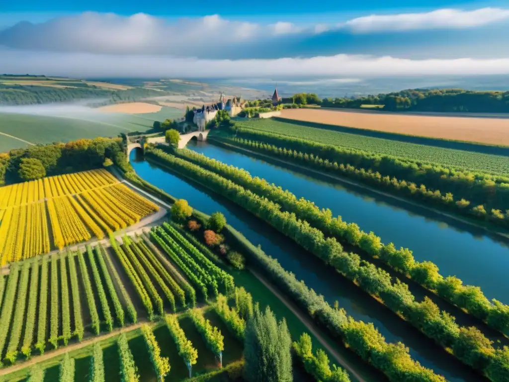 Vistas aéreas del hermoso Valle del Loira en Francia, con viñedos, castillos y el río Loira serpenteando