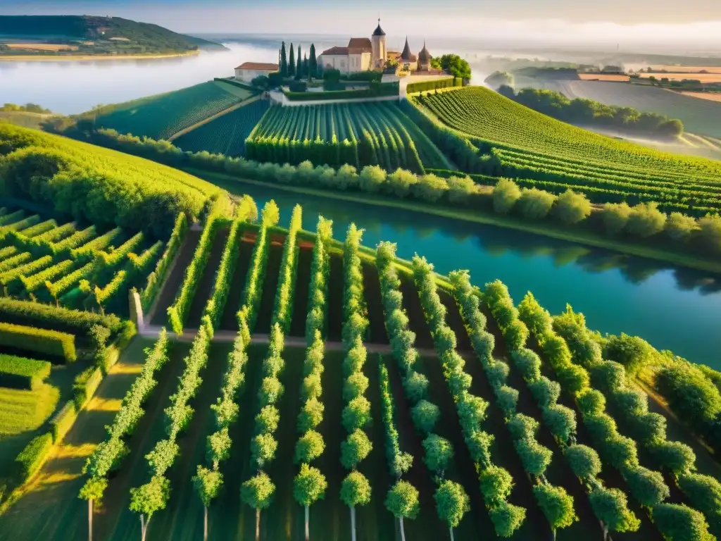 Vistas aéreas de los viñedos de Burdeos, Francia, con la Ruta del vino en Francia en primer plano