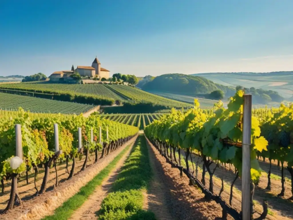 Vistas detalladas de viñedos franceses bajo el sol, con trabajadores y uso de levaduras en Francia