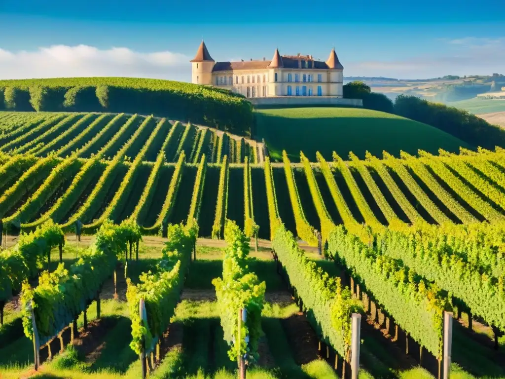 Vistas de viñedos en las colinas de Burdeos, con un château tradicional en primer plano