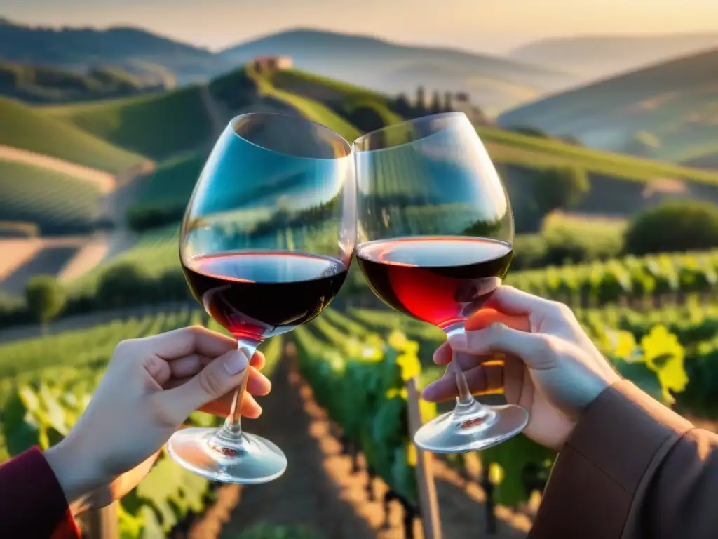 Un viticultor biodinámico francés observa su vino tinto al atardecer en un viñedo pintoresco