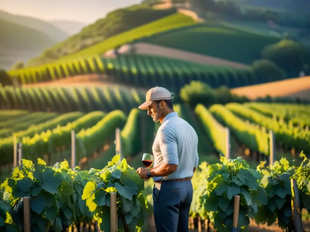 Un viticultor en la campiña francesa inspecciona viñedos al amanecer, rodeado de naturaleza exuberante