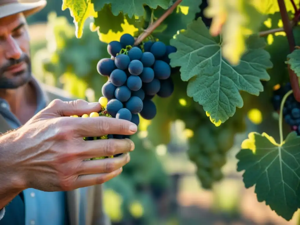 Un viticultor en Francia inspecciona con cuidado las plantas de uva bajo la suave luz matutina, mostrando la producción de vinos biodinámicos