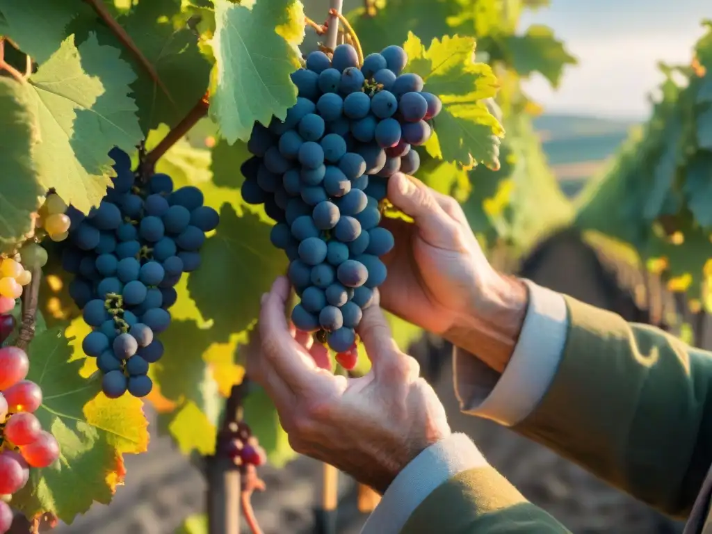 Un viticultor francés examina con cuidado racimos de uvas en un viñedo soleado