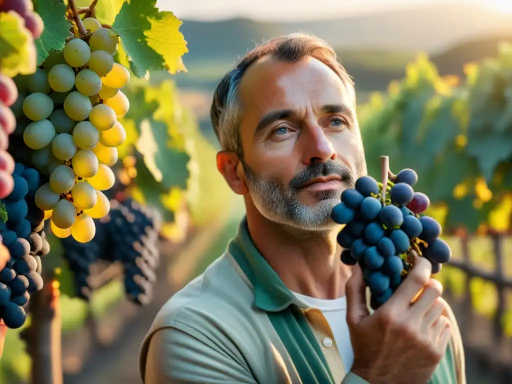 Un viticultor francés examina con cuidado las uvas durante la cosecha al atardecer