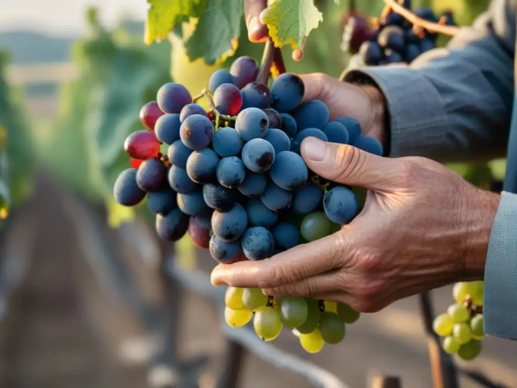 Un viticultor sostiene con cuidado uvas recién cosechadas en un viñedo francés al amanecer