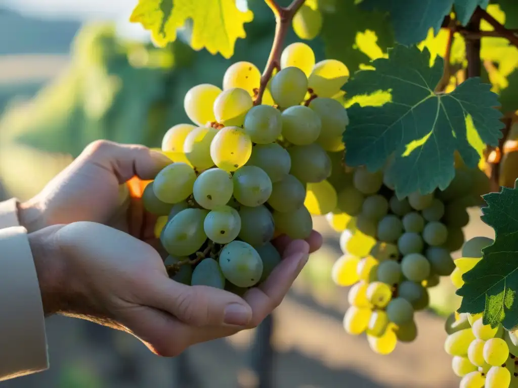 Un viticultor cuidadoso sostiene con delicadeza un racimo de uvas Chenin Blanc en un viñedo en la serena región de Loira