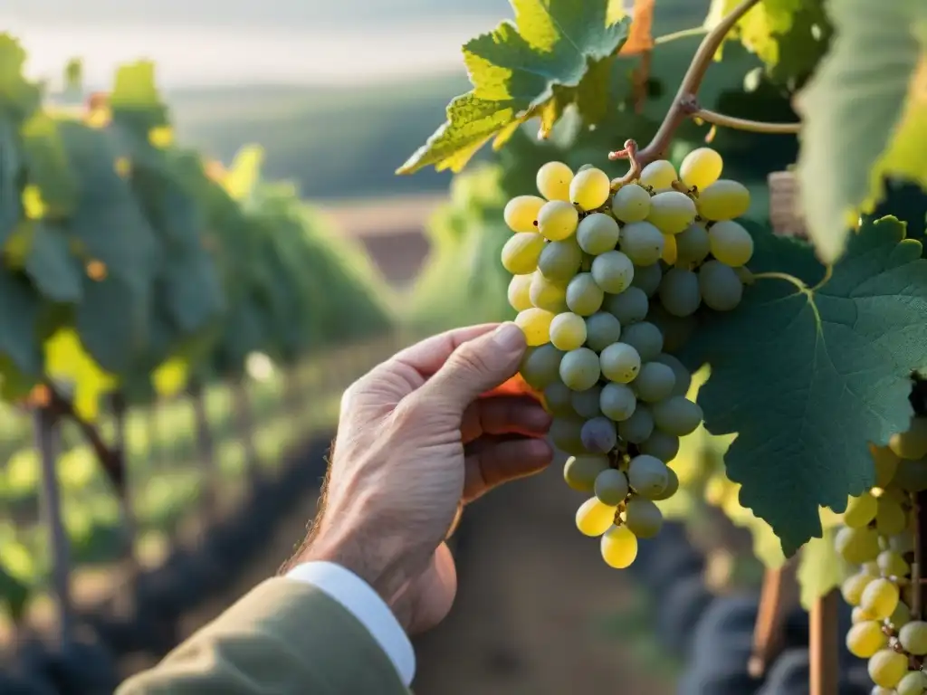 Un viticultor experimentado inspecciona uvas Chardonnay en viñedo soleado de Borgoña, Francia, resaltando la innovación vinos blancos franceses