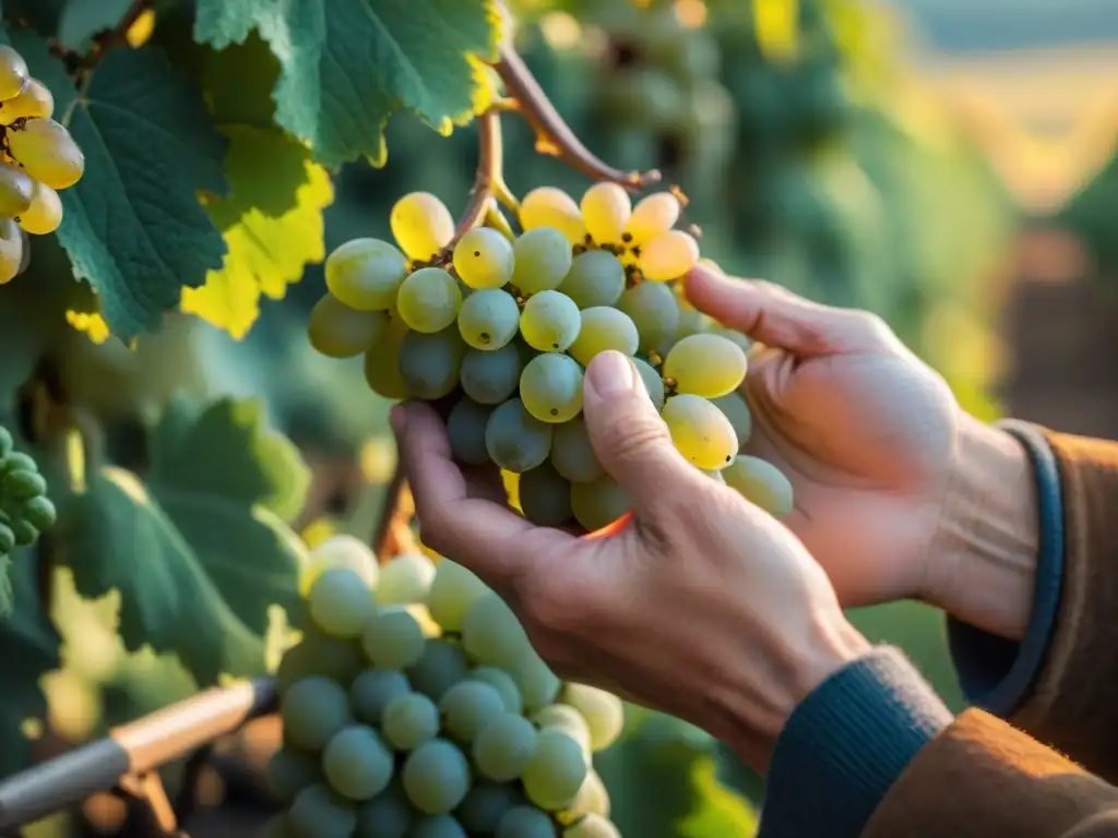 Un viticultor experto selecciona a mano racimos dorados de uvas Pinot Blanc para Crémant d'Alsacia champagne espumoso, en viñedos exuberantes