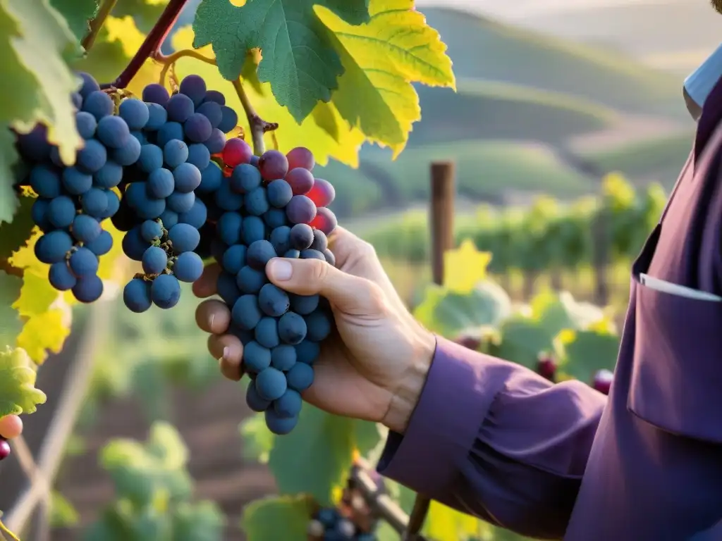 Un viticultor experto inspecciona uvas moradas en un viñedo al amanecer