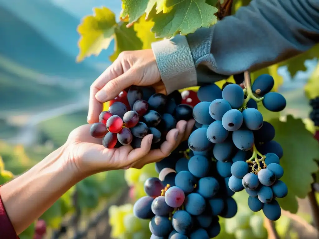 Un viticultor experto selecciona uvas tintas maduras en viñedos alpinos franceses para vinos tintos de montaña Francia