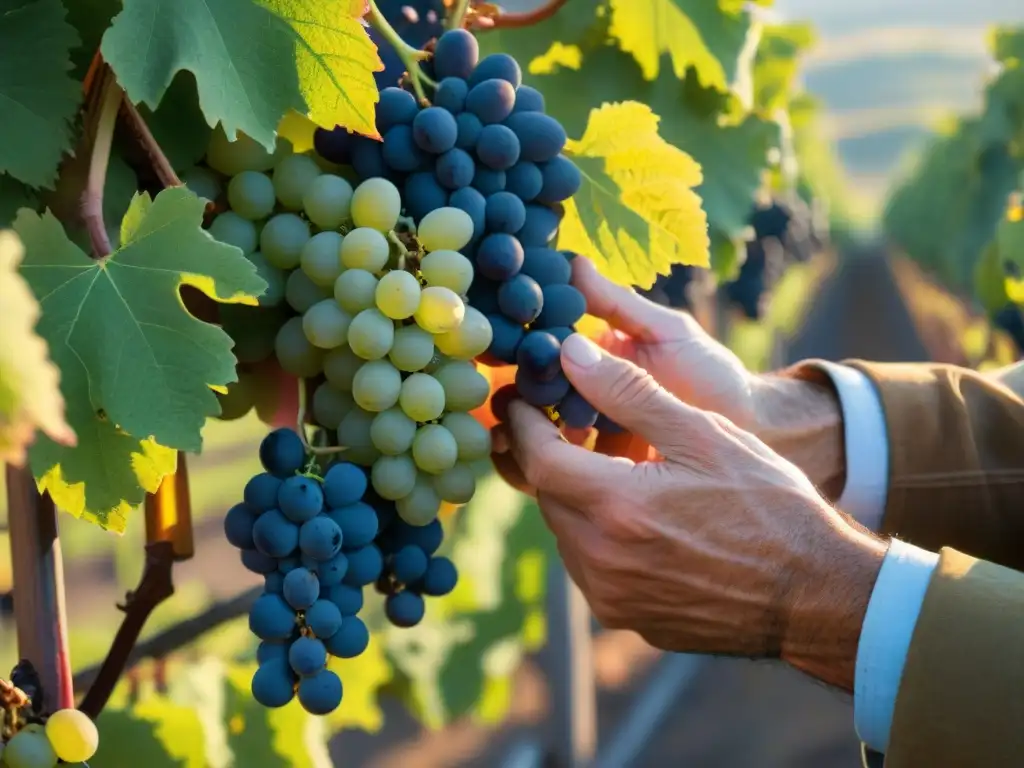 Un viticultor francés experto selecciona uvas en un viñedo al amanecer