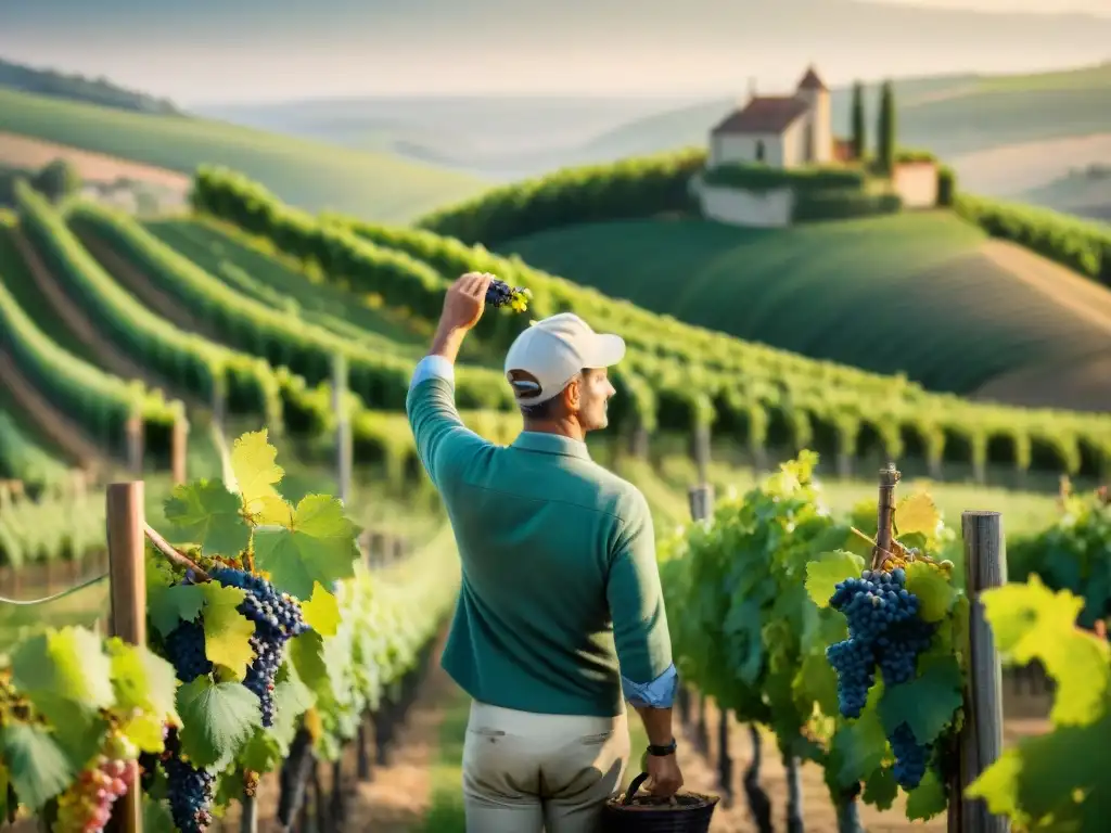 Un viticultor francés experto inspecciona viñedo biodinámico en Francia