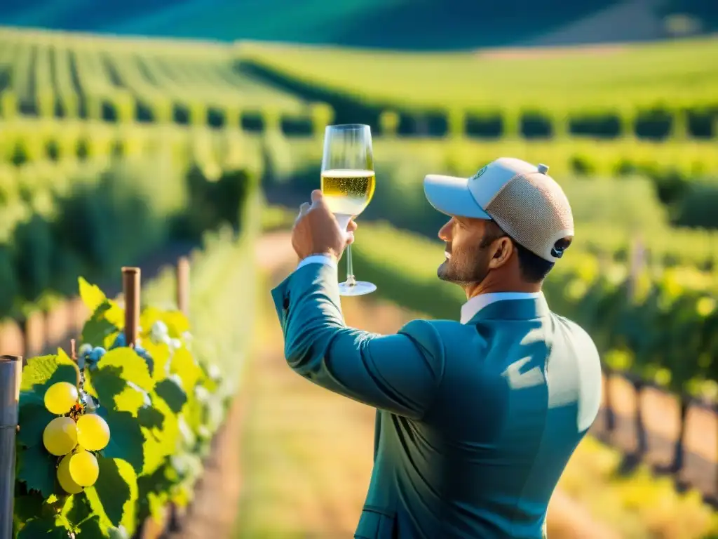 Un viticultor experto inspeccionando viñedos en la región de Champagne, Francia