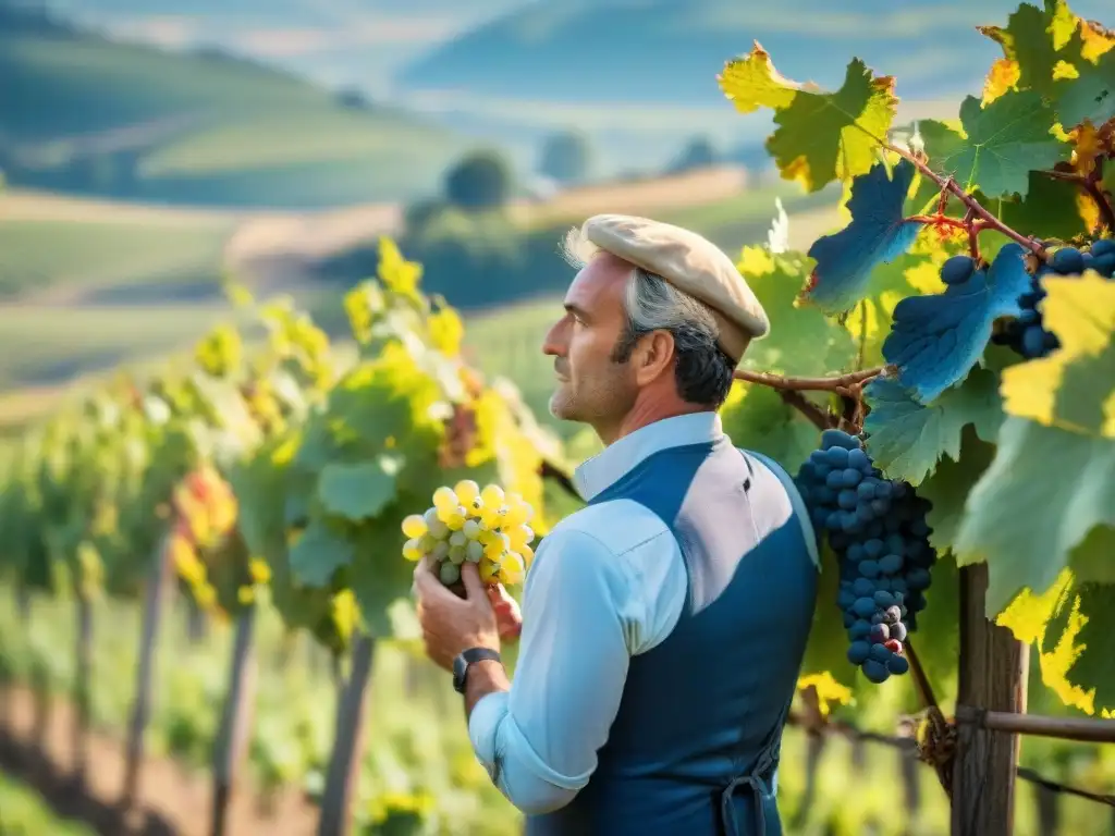 Un viticultor francés inspeccionando uvas maduras en un viñedo de Bordeaux