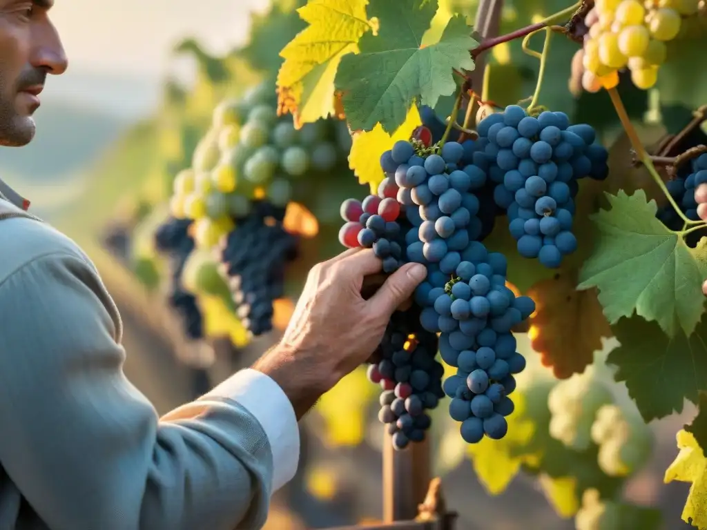 Un viticultor francés cosechando uvas al amanecer, reflejando la tradición y dedicación en la gastronomía francesa vinos